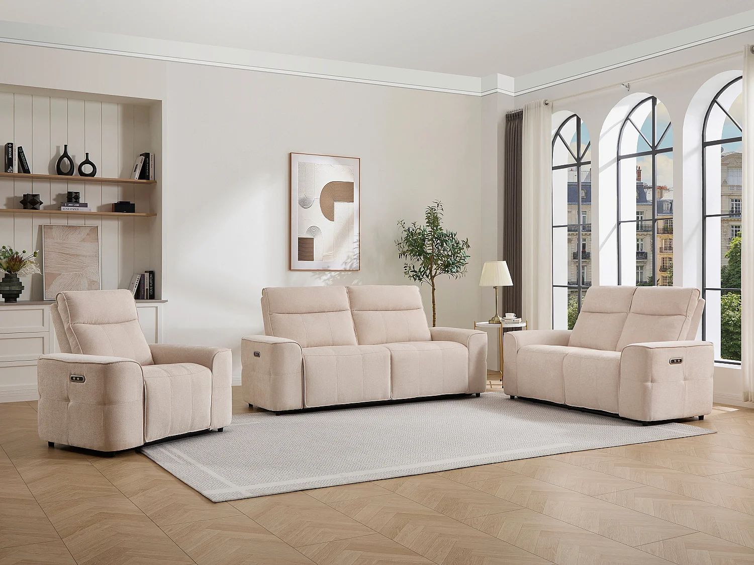 Canapé 3 places 2 places et un fauteuil relax électrique en tissu chenille beige SCAMOCO