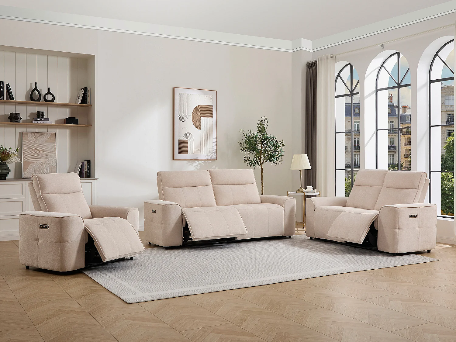 Canapé 3 places 2 places et un fauteuil relax électrique en tissu chenille beige SCAMOCO