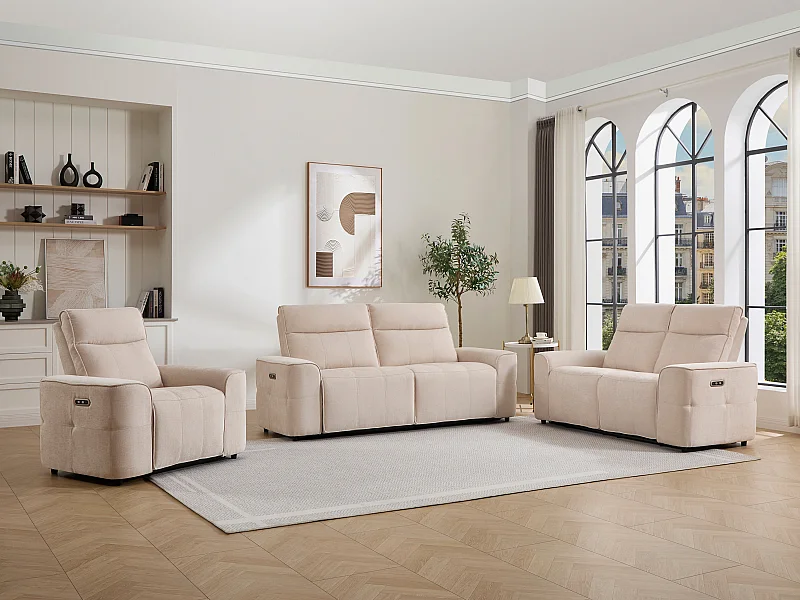 Canapé 3 places 2 places et un fauteuil relax électrique en tissu chenille beige SCAMOCO