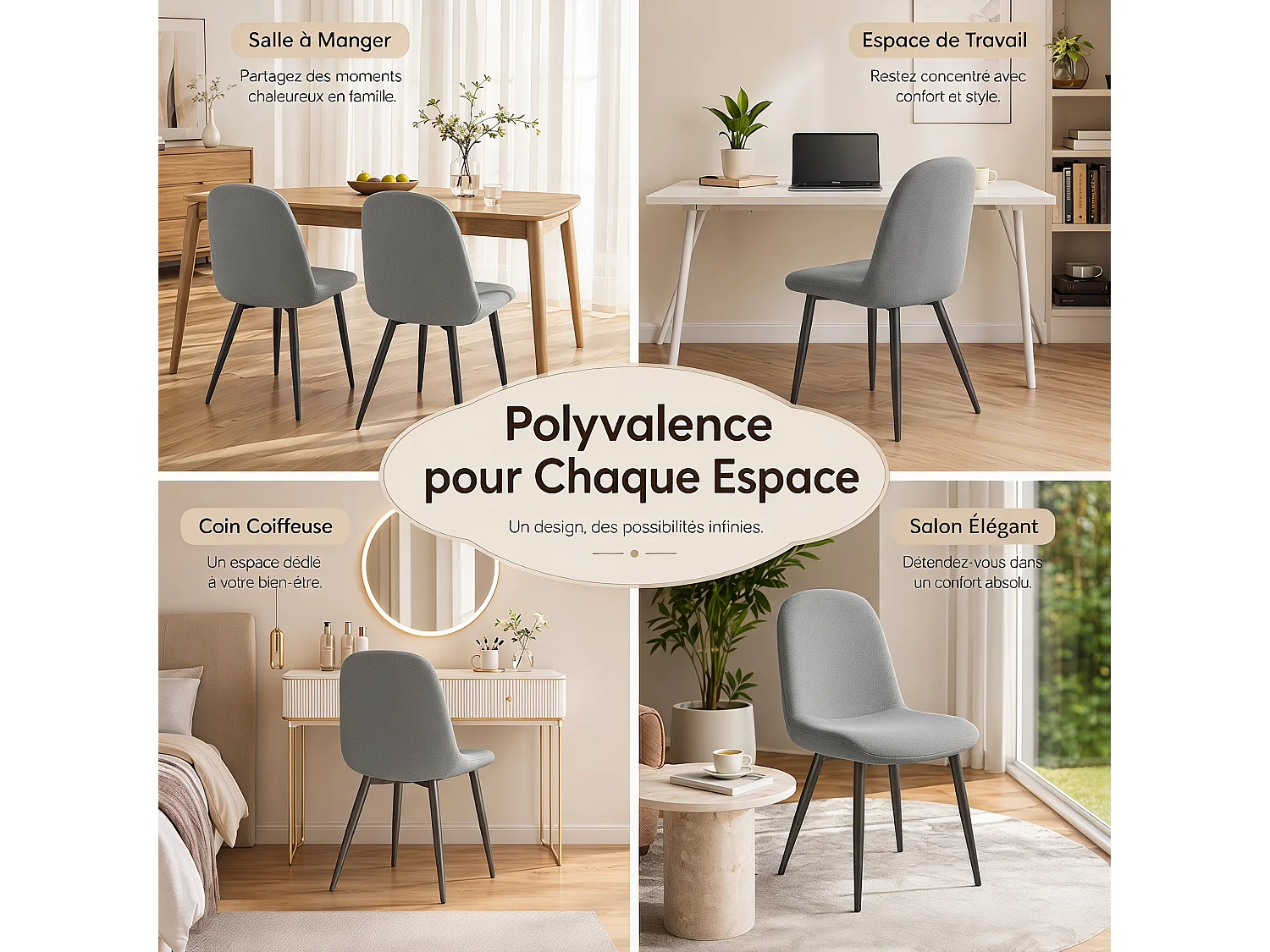 Lot de 4 Chaises Salle à Manger HavenlyHome, Ergonomique, pour Salon, Chambre à Coucher, Gris