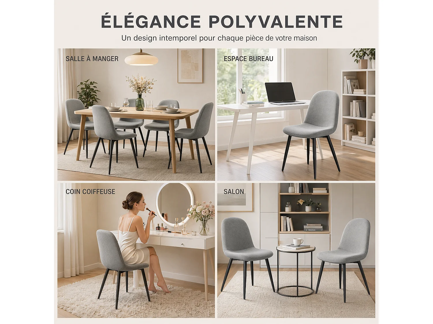 Lot de 4 Chaises Salle à Manger HavenlyHome, Ergonomique, pour Salon, Chambre à Coucher, Gris