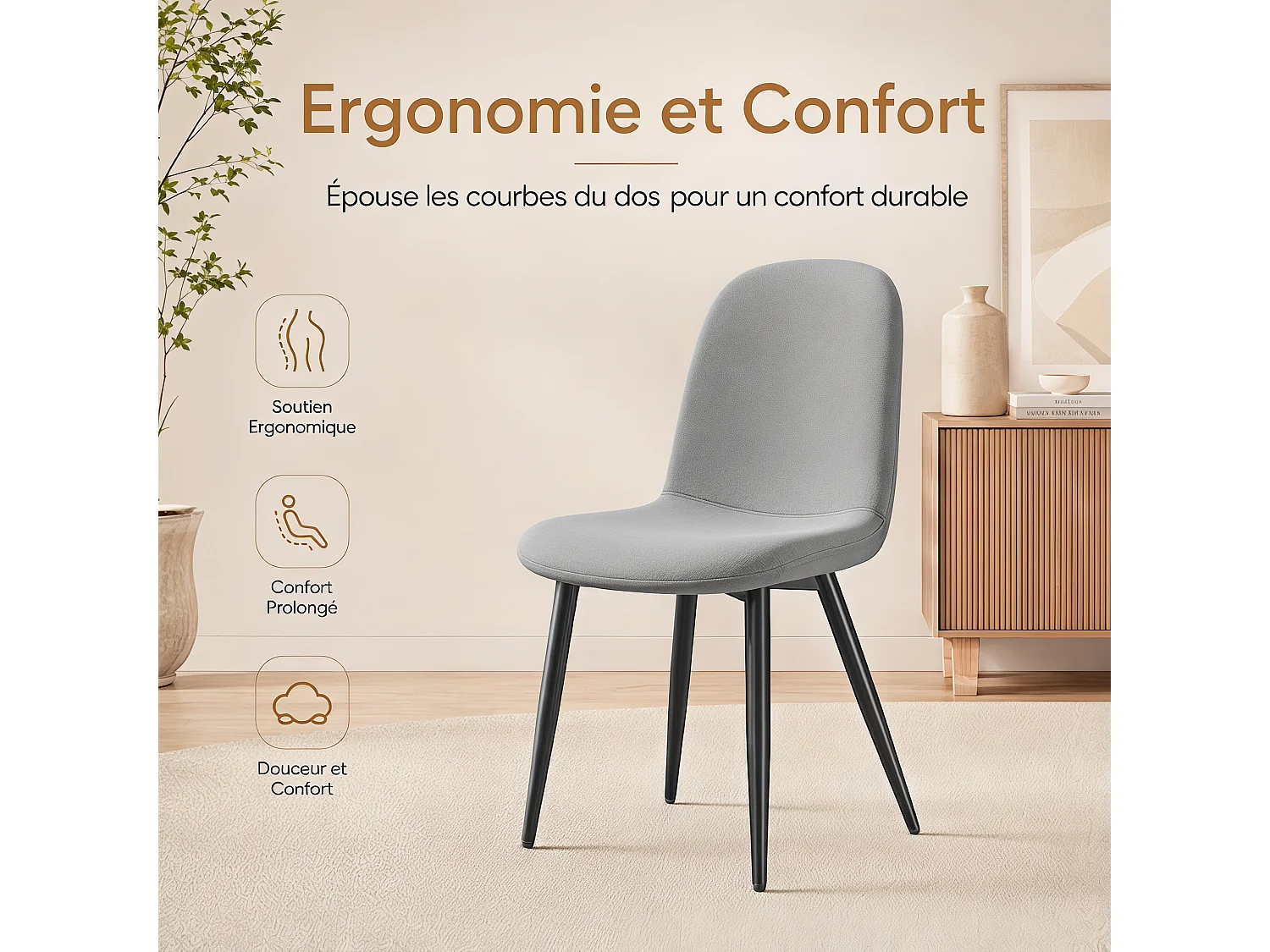 Lot de 4 Chaises Salle à Manger HavenlyHome, Ergonomique, pour Salon, Chambre à Coucher, Gris