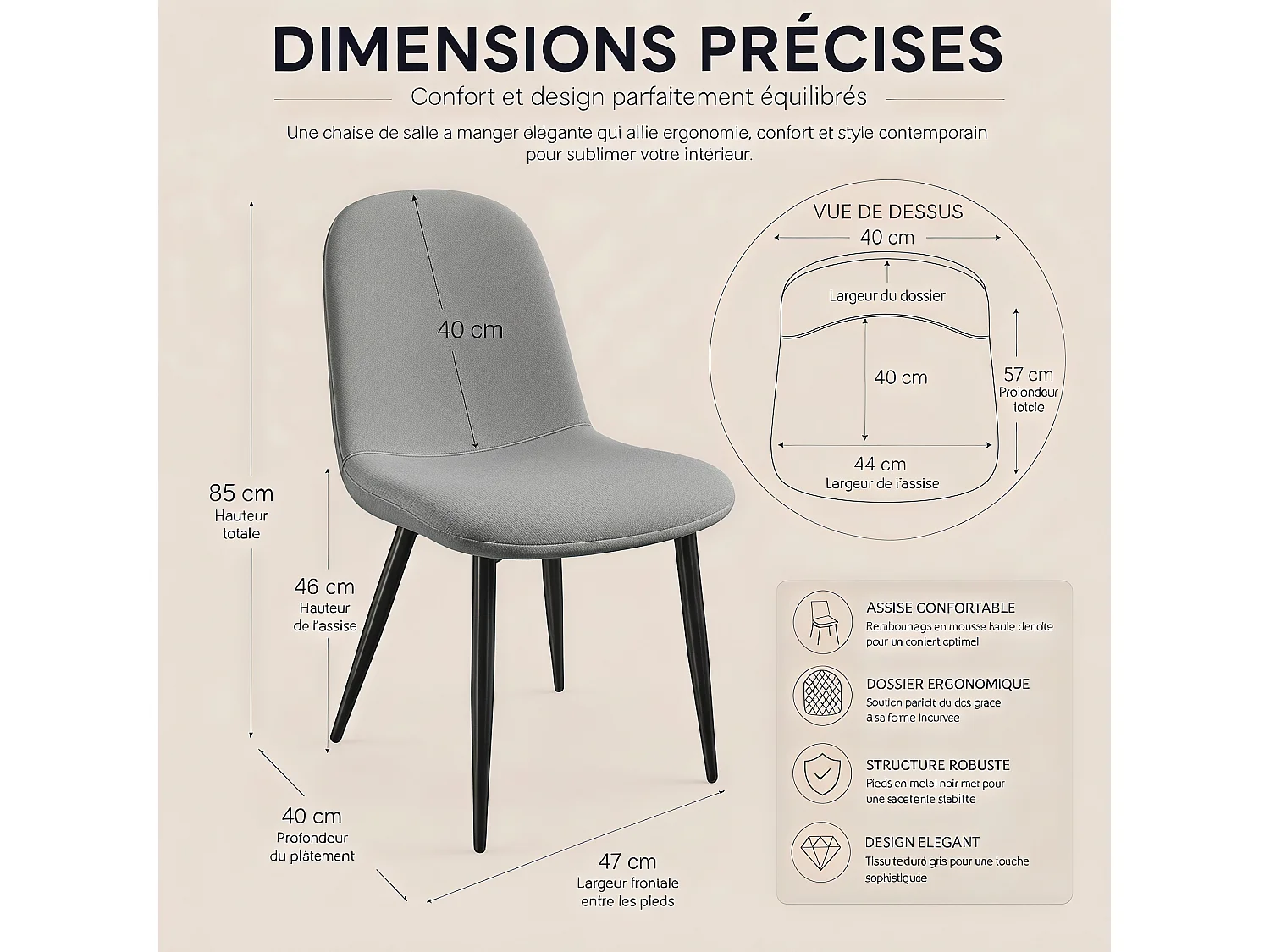 Lot de 4 Chaises Salle à Manger HavenlyHome, Ergonomique, pour Salon, Chambre à Coucher, Gris