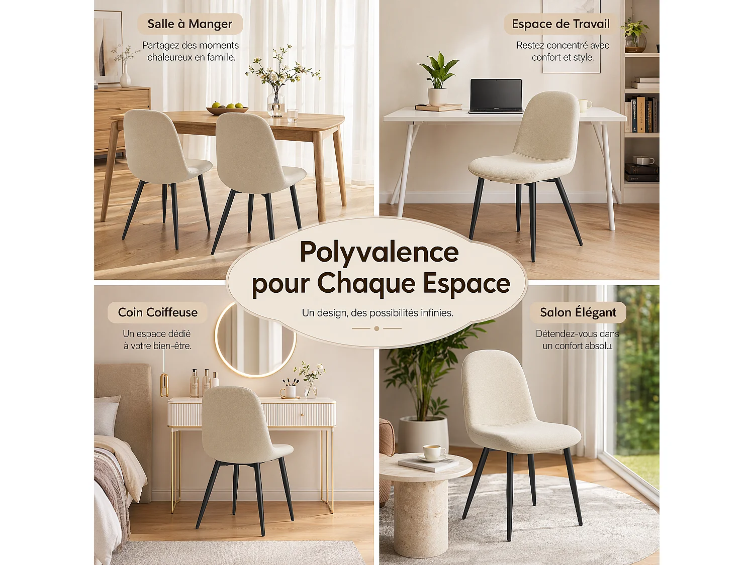 Lot de 4 Chaises Salle à Manger HavenlyHome, Ergonomique, pour Salon, Chambre à Coucher, Beige