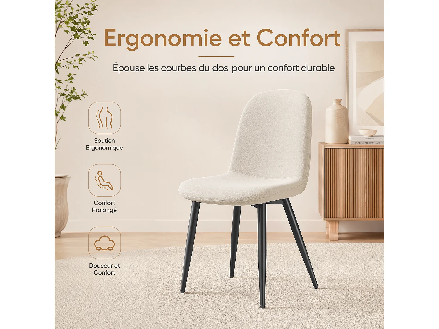 Lot de 4 Chaises Salle à Manger HavenlyHome, Ergonomique, pour Salon, Chambre à Coucher, Beige