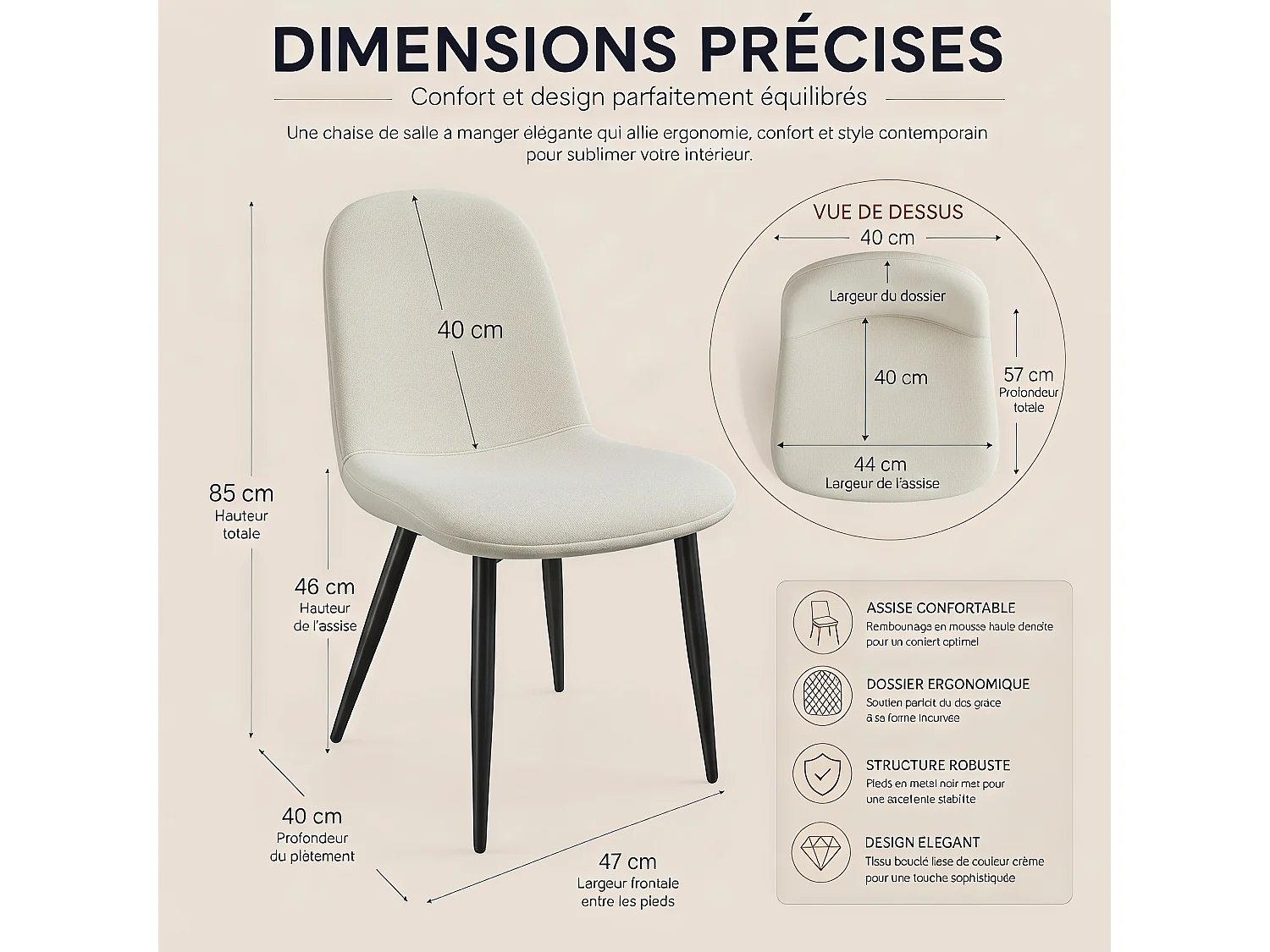 Lot de 4 Chaises Salle à Manger HavenlyHome, Ergonomique, pour Salon, Chambre à Coucher, Beige