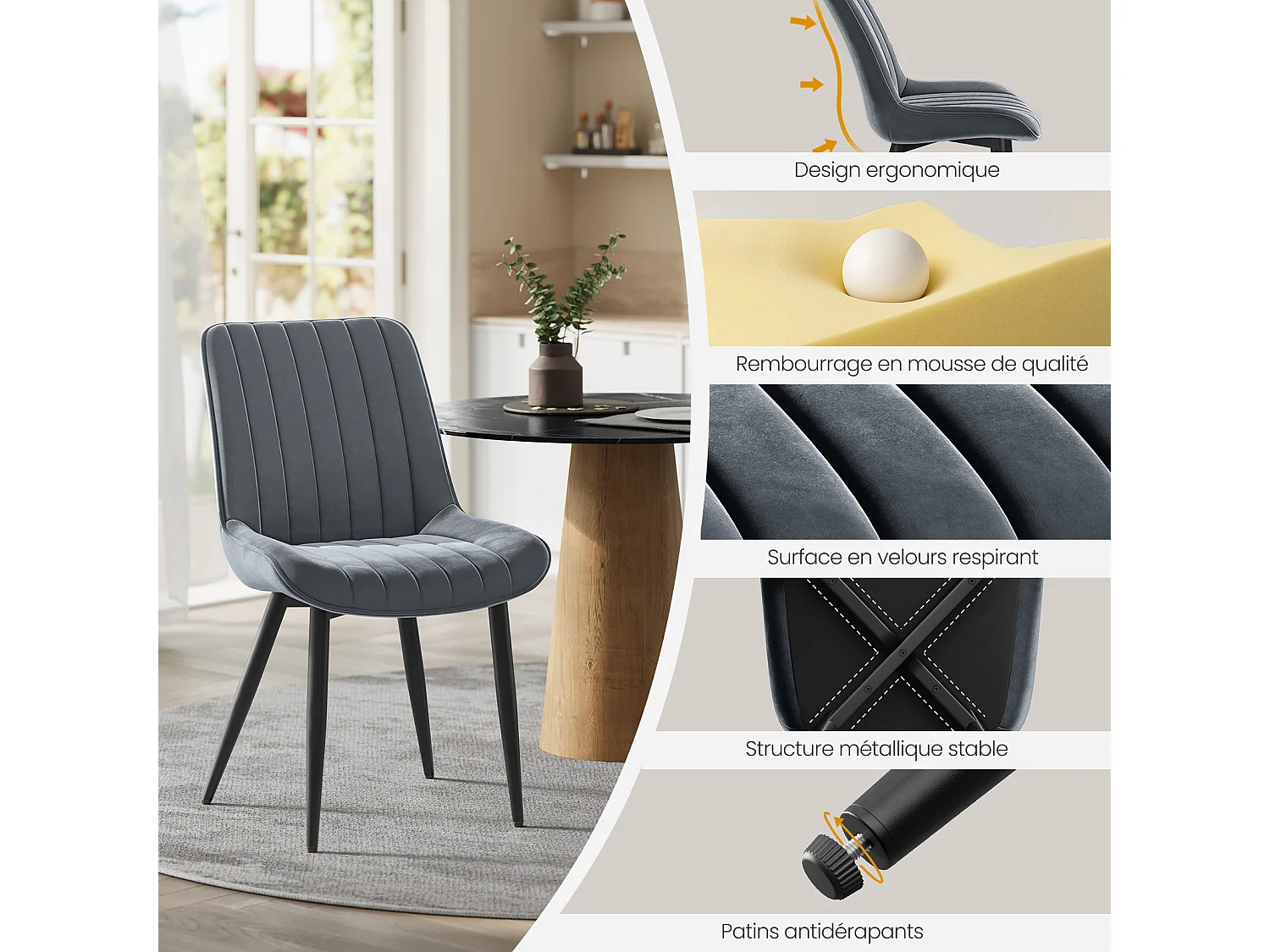 Lot de 2 Chaises Salle à Manger HavenlyHome, Ergonomique, pour Salon, Chambre à Coucher, Noir