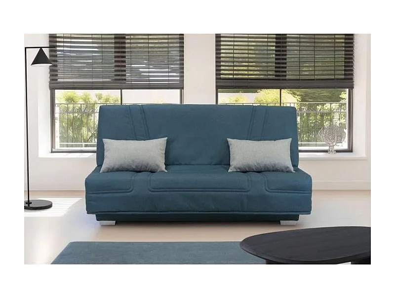 Schlafsofa 3-Sitzer GRUHIER BELYNDA blaues Stoff, Bultex-Matratze 130x190 cm, Stauraum, modernes Design