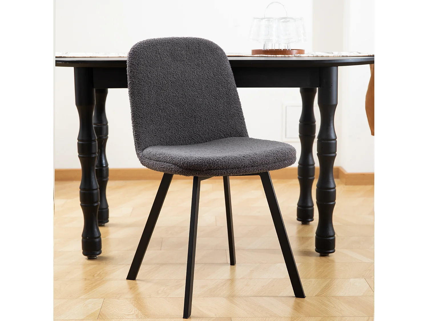 Chaise de salle à manger  - en teddy-fleece avec structure métallique - gris foncé