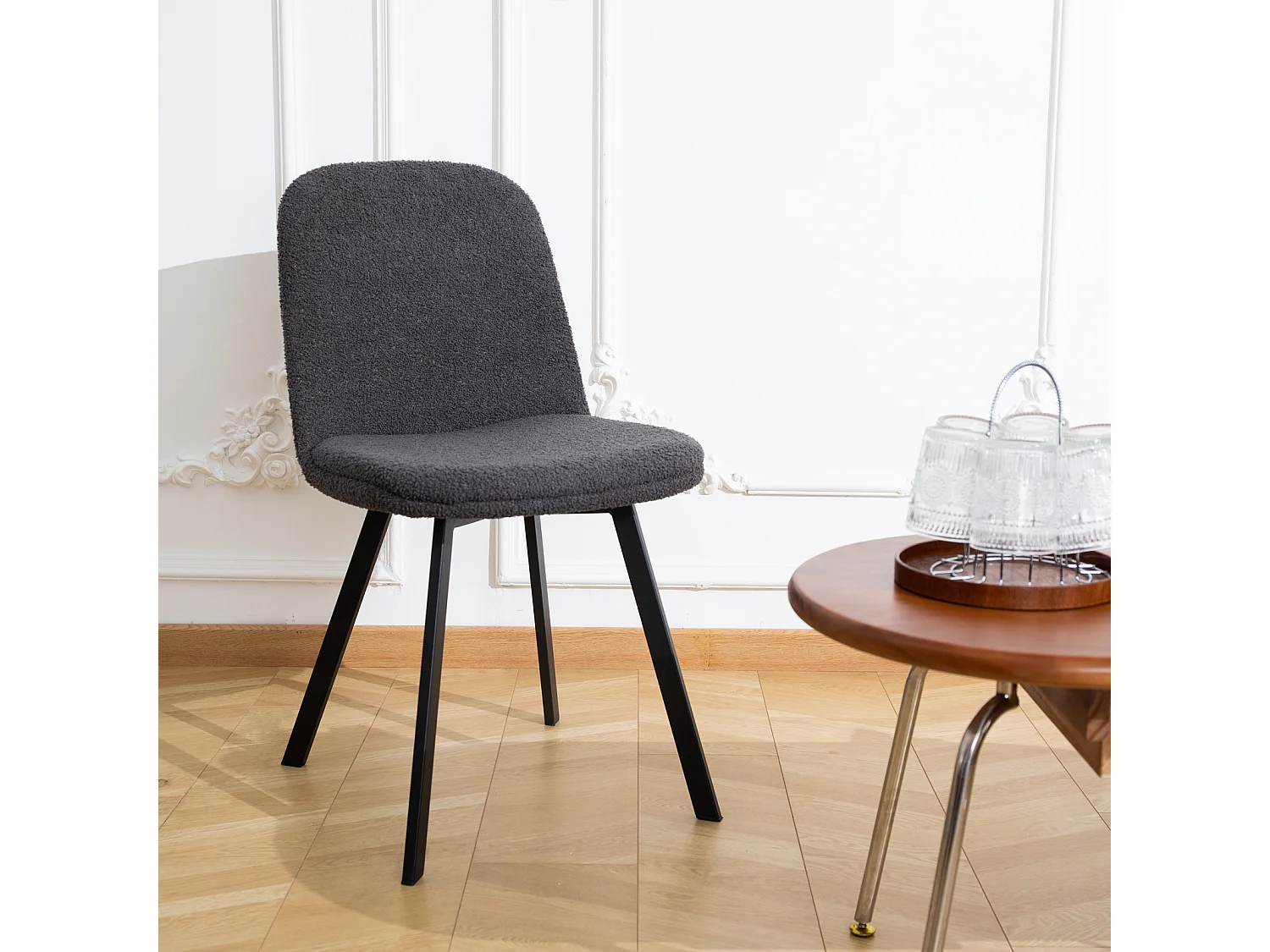 Chaise de salle à manger  - en teddy-fleece avec structure métallique - gris foncé