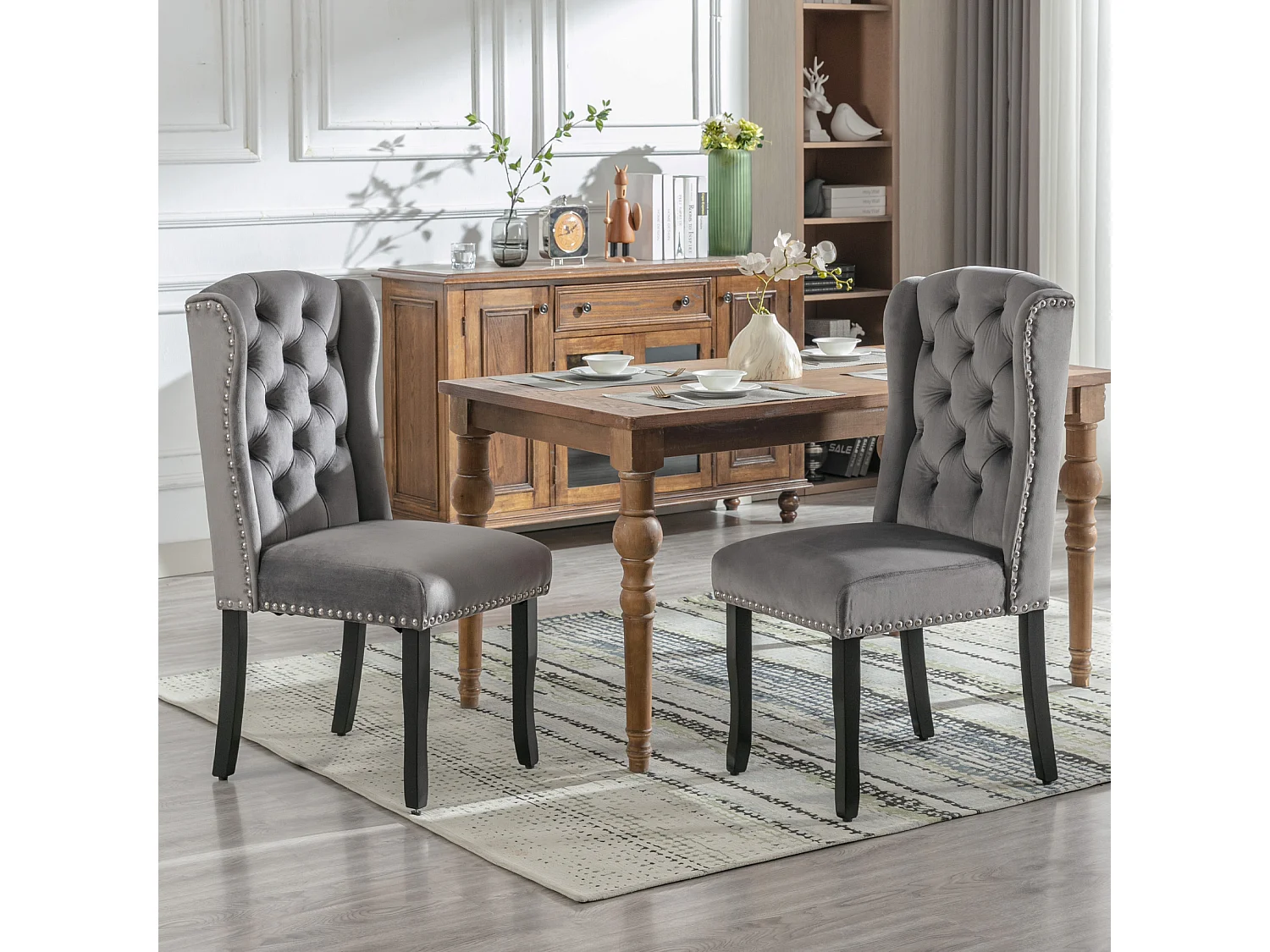 Lot de 6 chaises de salle à manger - avec pieds en chêne, boutons et clous argentés - velours gris