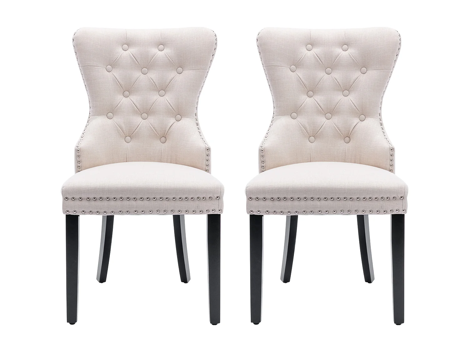 Lot de 2 chaises de salle à manger - avec bordure cloutée et anneau chromé - lin beige