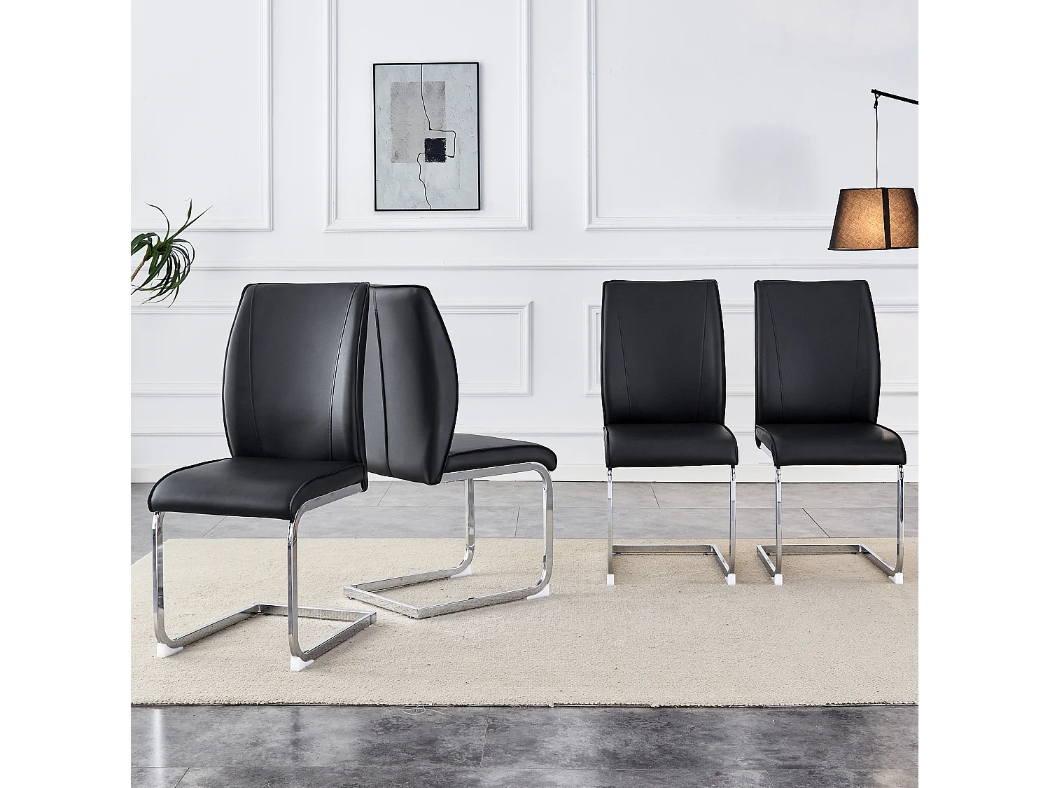 Lot de 4 chaises de salle à manger - avec pieds métalliques argentés - pu noir