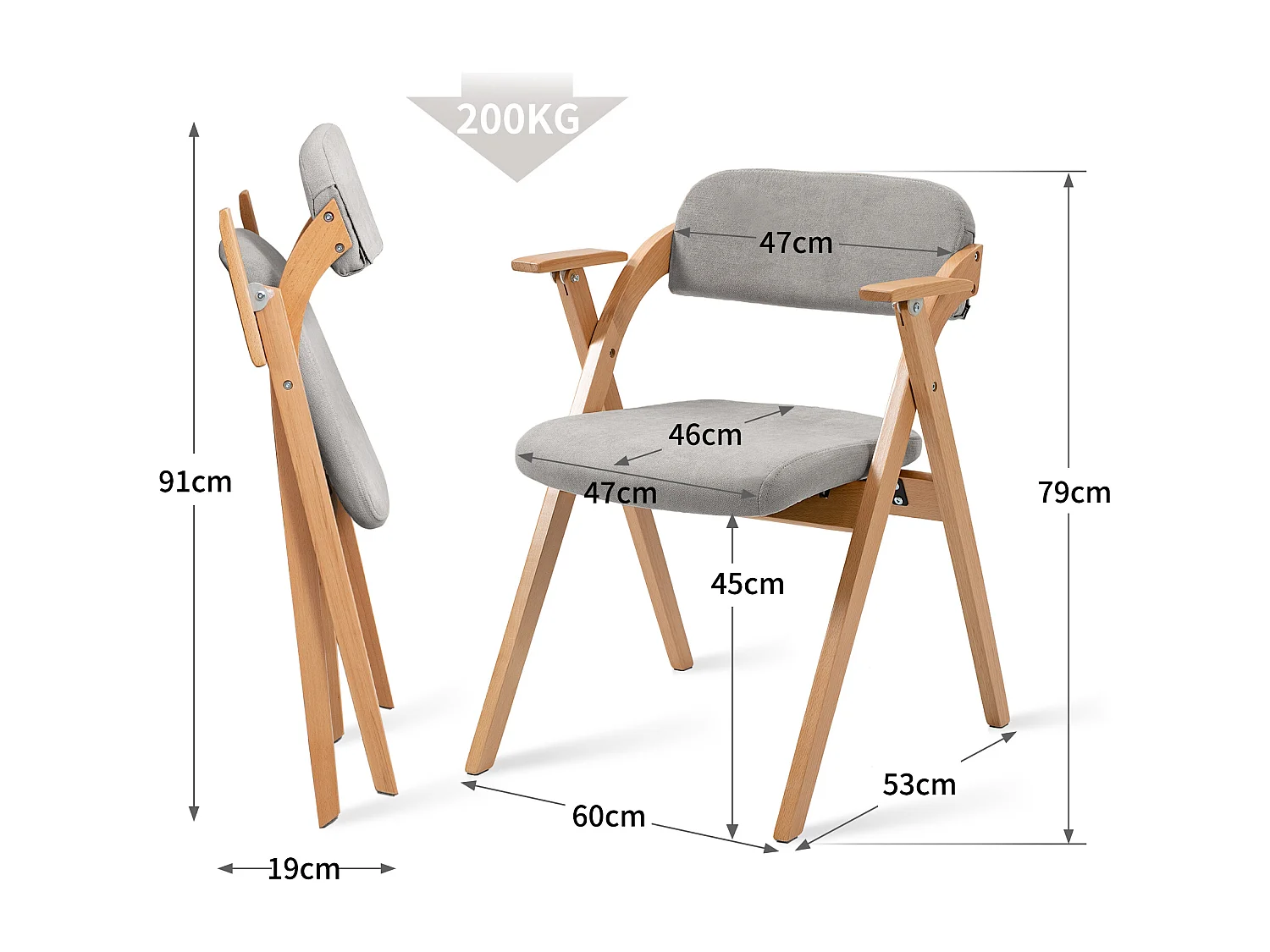 2 klappbare, gepolsterte Esszimmerstühle mit Armlehnen aus Massivholz – grau