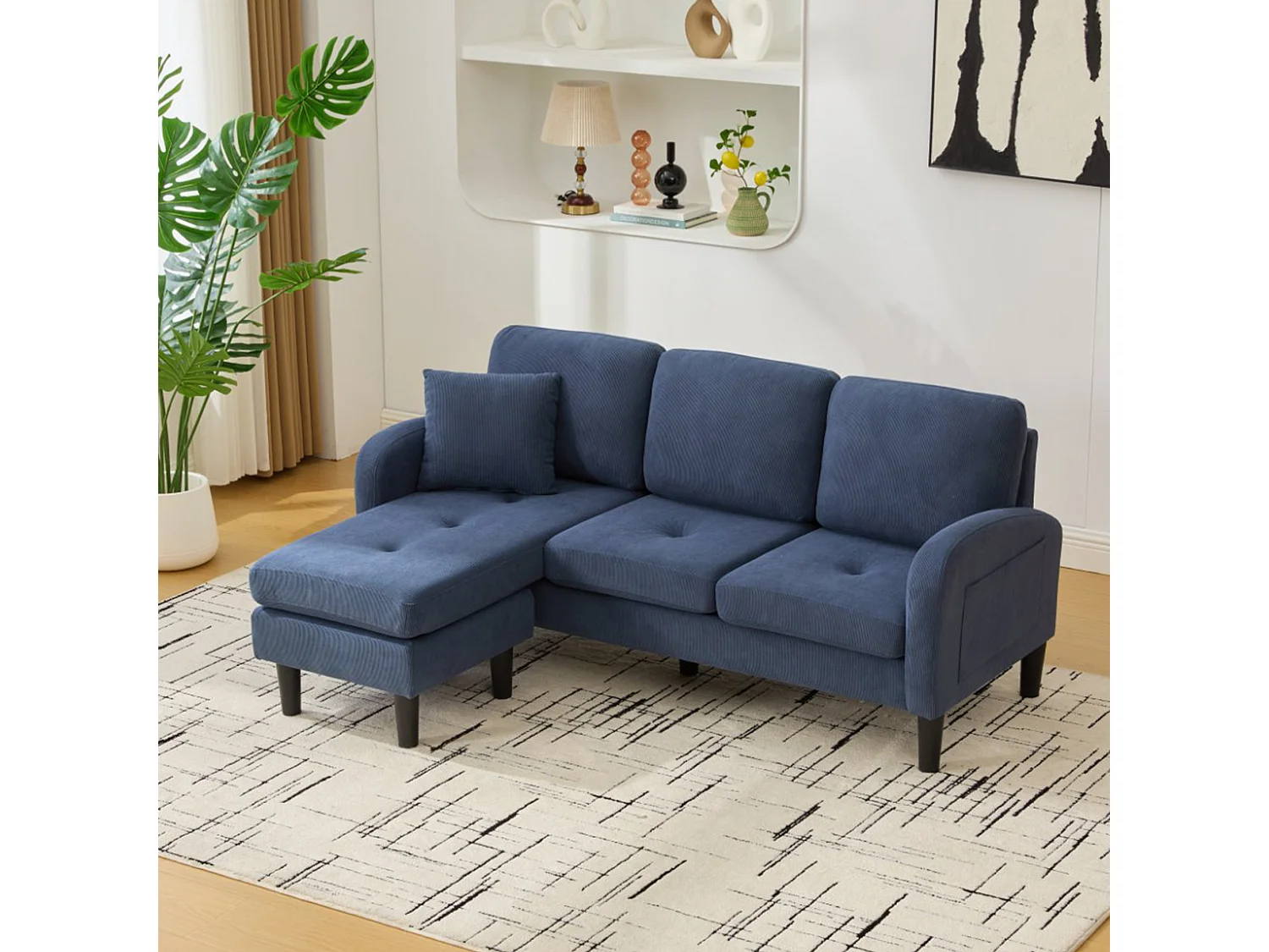 Canapé 3 places avec méridienne – Canapé d'angle avec poches latérales – tissu coton-lin bleu