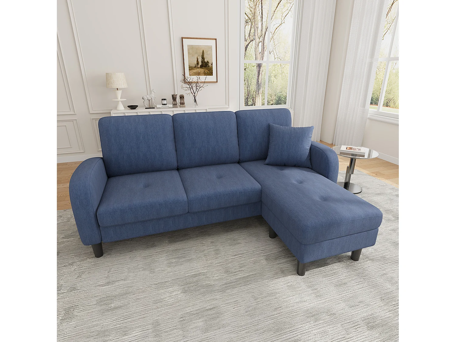 Canapé 3 places avec méridienne – Canapé d'angle avec poches latérales – tissu coton-lin bleu