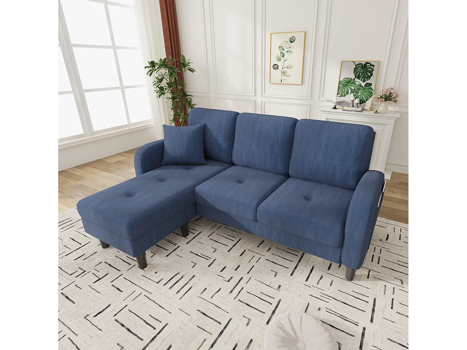 Canapé 3 places avec méridienne – Canapé d'angle avec poches latérales – tissu coton-lin bleu