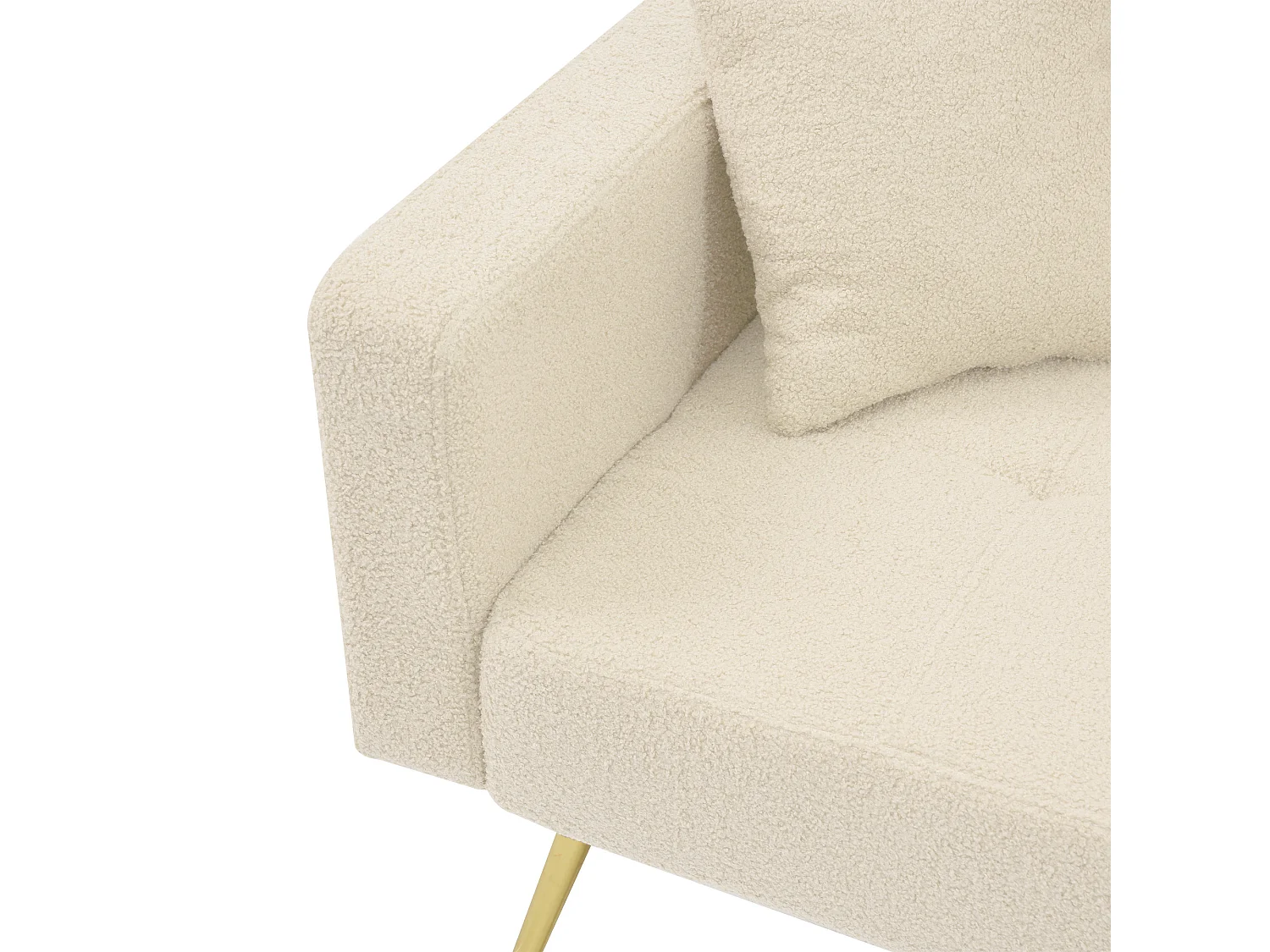 Canapé 2 places tissu laine beige - Canapé droit avec coussins et poches de rangement latérales - pieds de chaise plaqués or