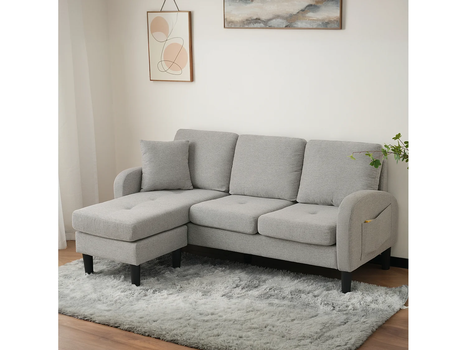 Canapé 3 places avec méridienne – Canapé d'angle avec poches latérales – tissu coton-lin gris