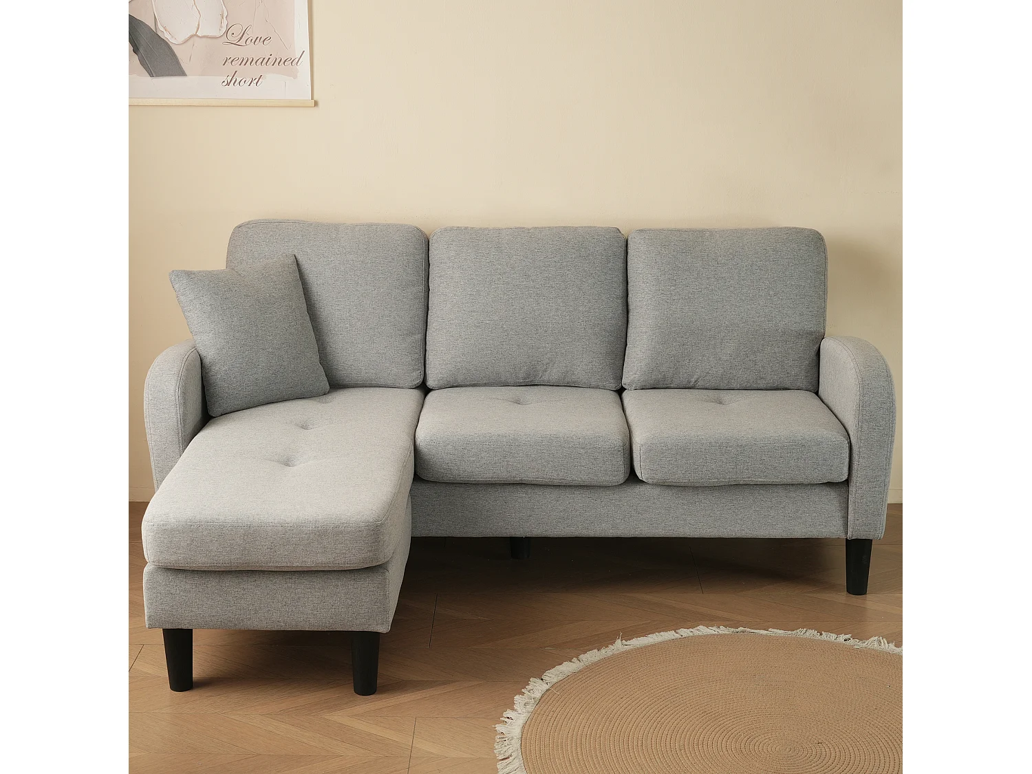 Canapé 3 places avec méridienne – Canapé d'angle avec poches latérales – tissu coton-lin gris