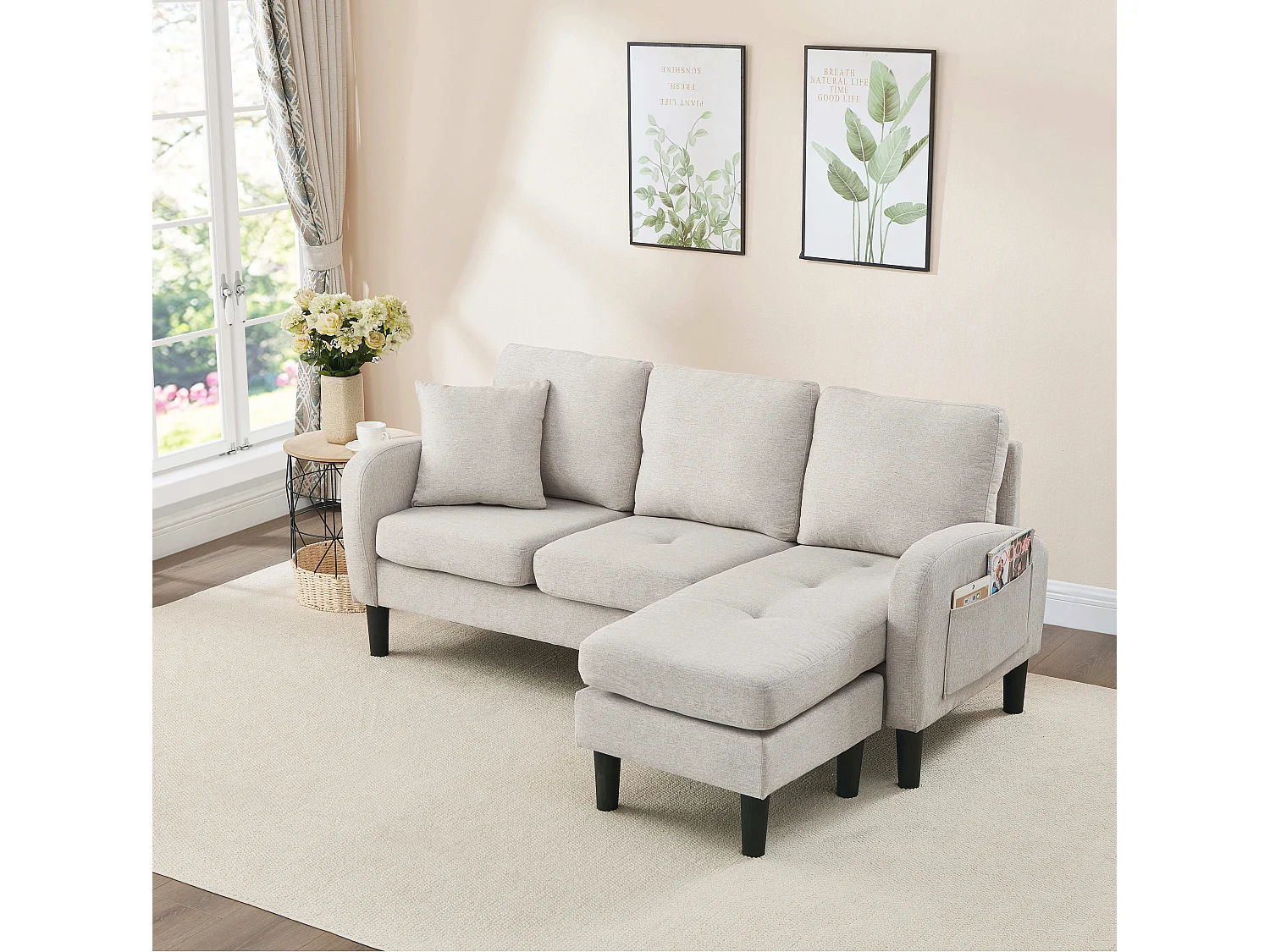 Canapé 3 places avec méridienne – Canapé d'angle avec poches latérales – tissu coton-lin beige