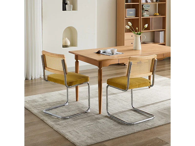 Cadeira de jantar - veludo em baloiço com encosto em rattan entrançado dourado