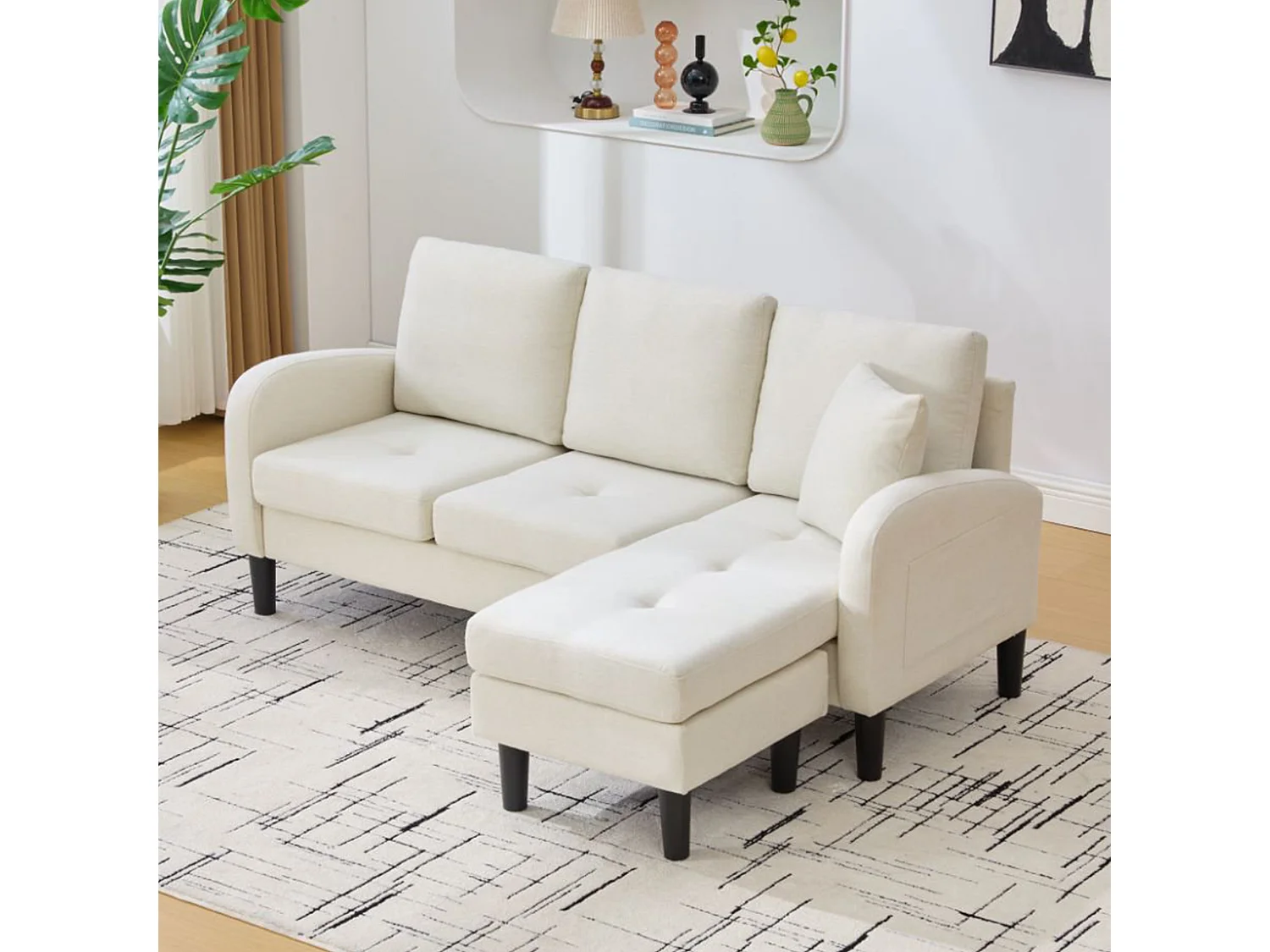 Canapé 3 places avec méridienne – Canapé d'angle avec poches latérales – tissu coton-lin beige clair