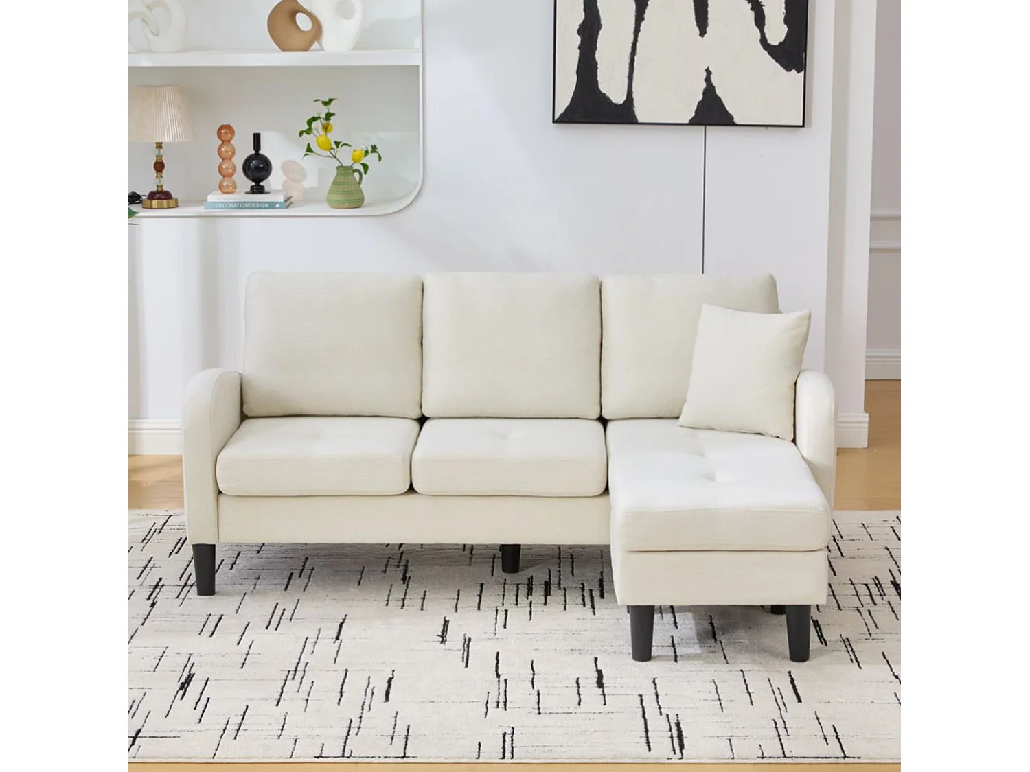 Canapé 3 places avec méridienne – Canapé d'angle avec poches latérales – tissu coton-lin beige clair