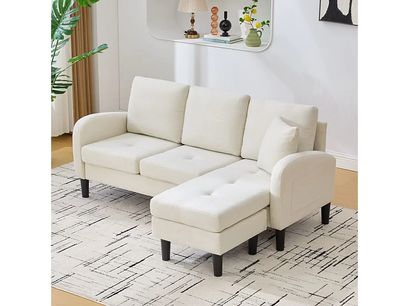 Canapé 3 places avec méridienne – Canapé d'angle avec poches latérales – tissu coton-lin beige clair