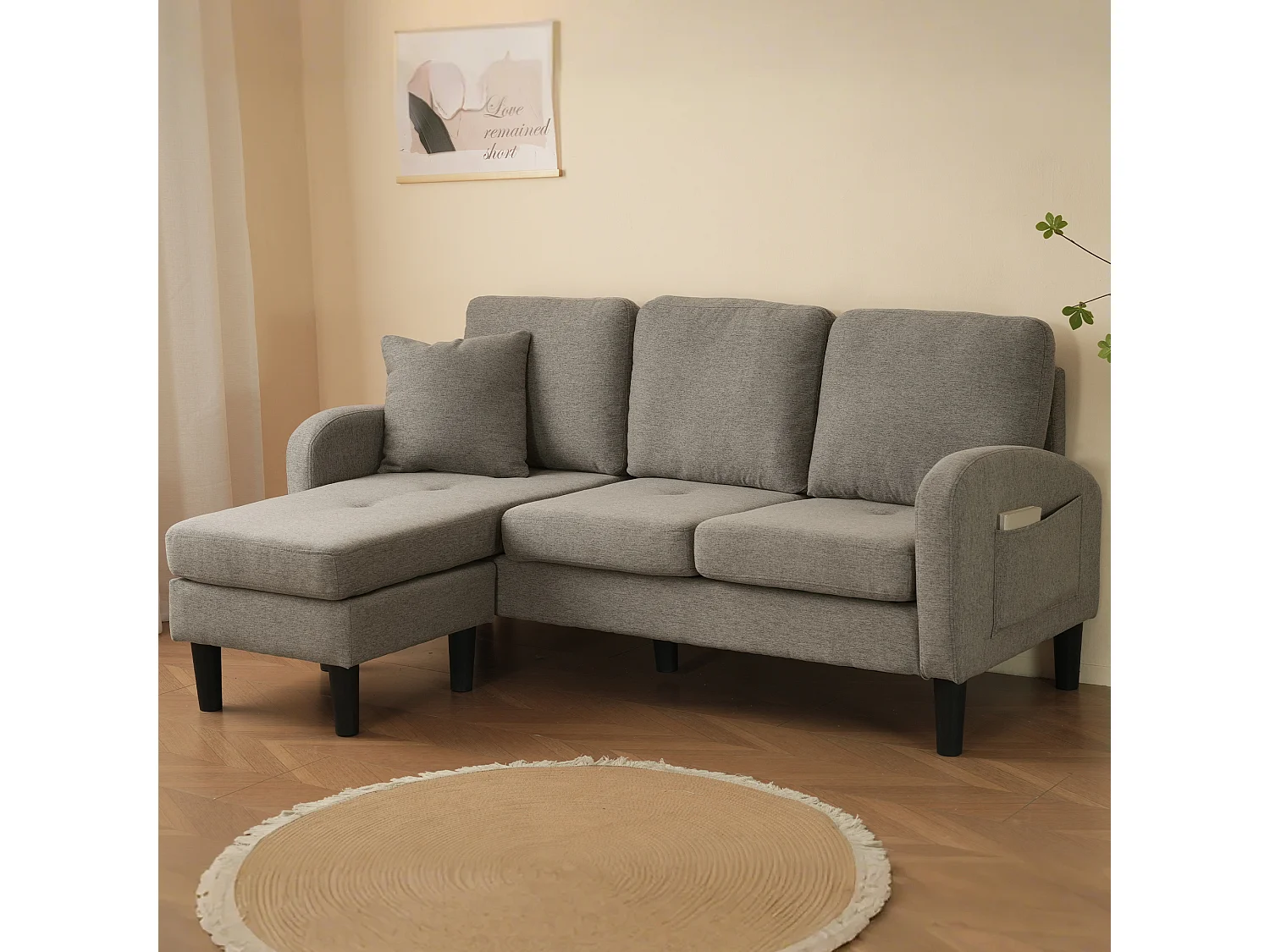 3-Sitzer-Sofa mit Chaiselongue – Ecksofa mit Seitentaschen – Dunkelgrauer Baumwoll-Leinen-Stoff