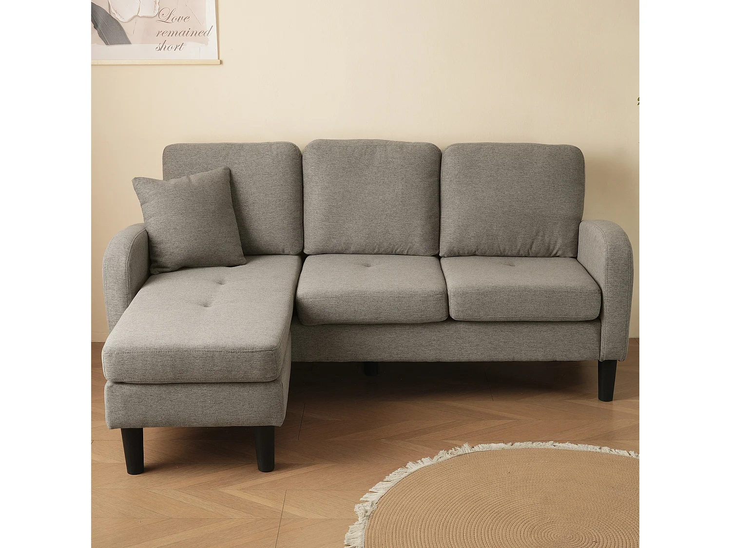 3-Sitzer-Sofa mit Chaiselongue – Ecksofa mit Seitentaschen – Dunkelgrauer Baumwoll-Leinen-Stoff