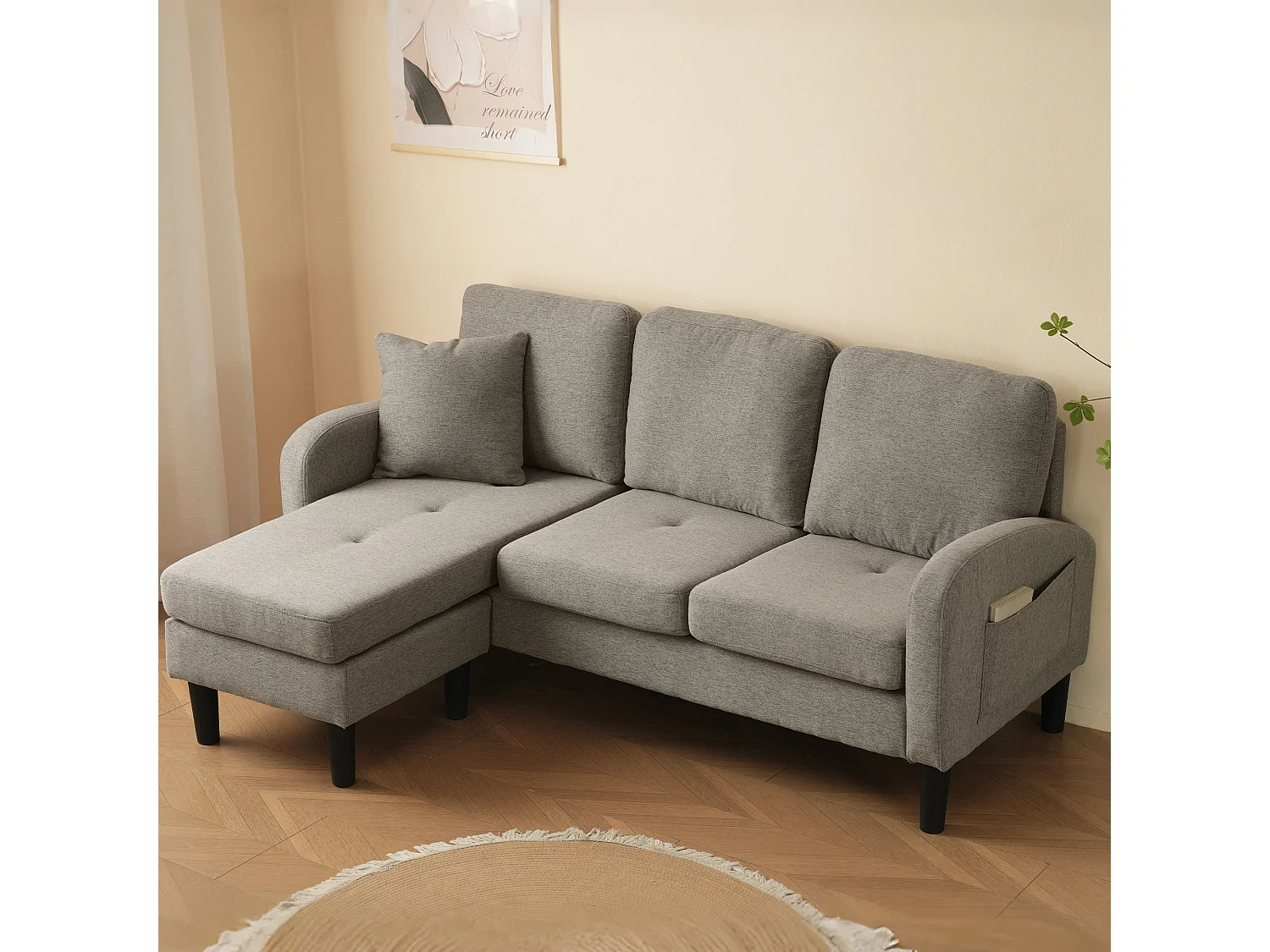 3-Sitzer-Sofa mit Chaiselongue – Ecksofa mit Seitentaschen – Dunkelgrauer Baumwoll-Leinen-Stoff