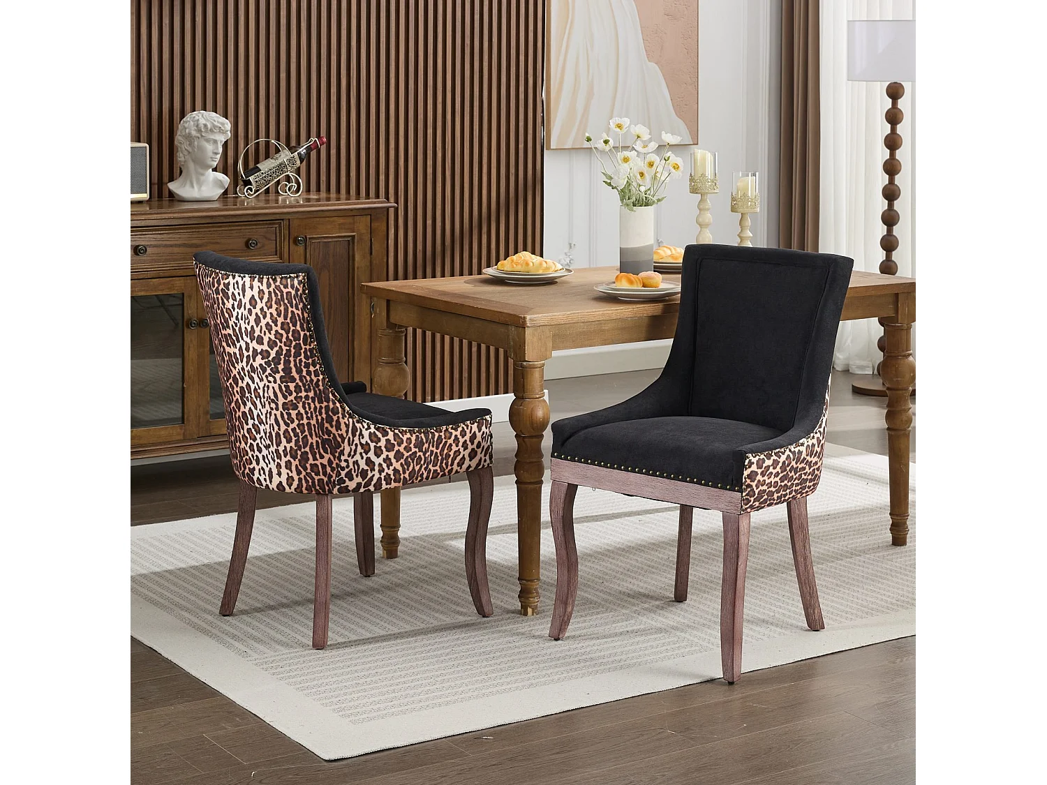 Lot de 2 chaises de salle à manger - pieds en bois massif avec rivets bronze, léopard - chenille