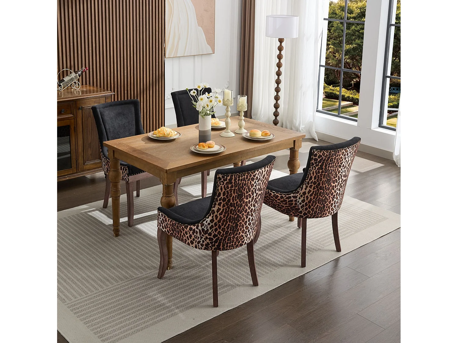 Lot de 2 chaises de salle à manger - pieds en bois massif avec rivets bronze, léopard - chenille