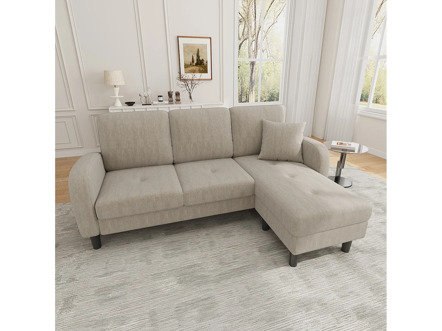 Canapé 3 places avec méridienne – Canapé d'angle avec poches latérales – tissu coton-lin marron clair