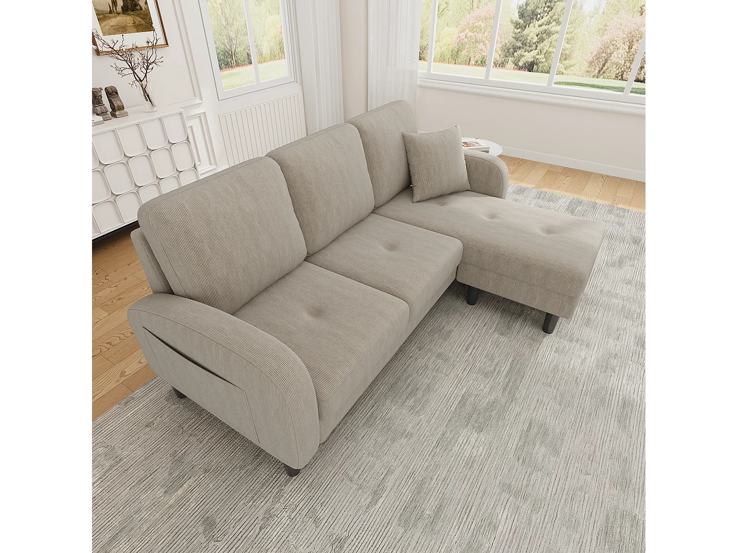 Canapé 3 places avec méridienne – Canapé d'angle avec poches latérales – tissu coton-lin marron clair