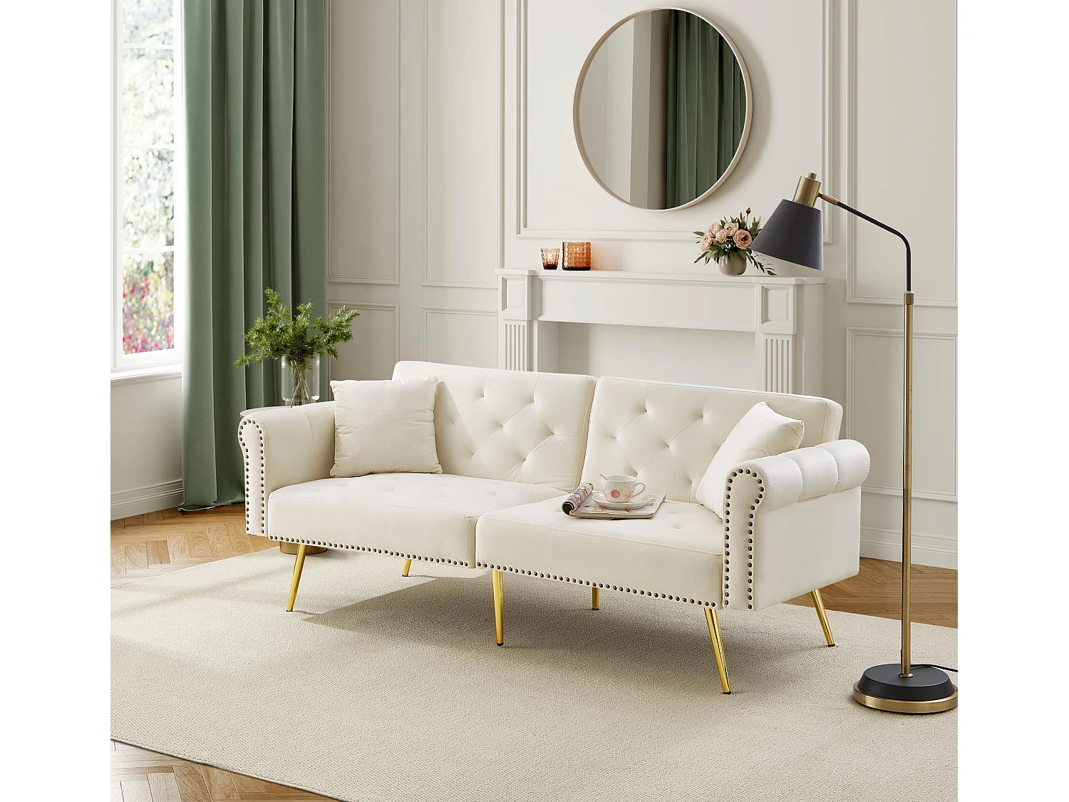 Canapé relaxation beige - Canapé avec dossier réglable et accoudoirs - 6 pieds en métal - pour salon et chambre