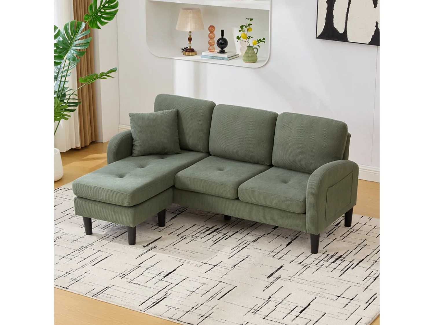 Canapé 3 places avec méridienne – Canapé d'angle avec poches latérales – tissu coton-lin vert