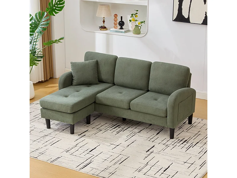 Canapé 3 places avec méridienne – Canapé d'angle avec poches latérales – tissu coton-lin vert