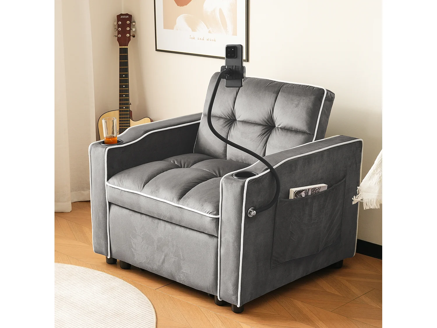 1-zitsbank - Fauteuil met bekerhouder en telefoonhouder - donkergrijs fluweel
