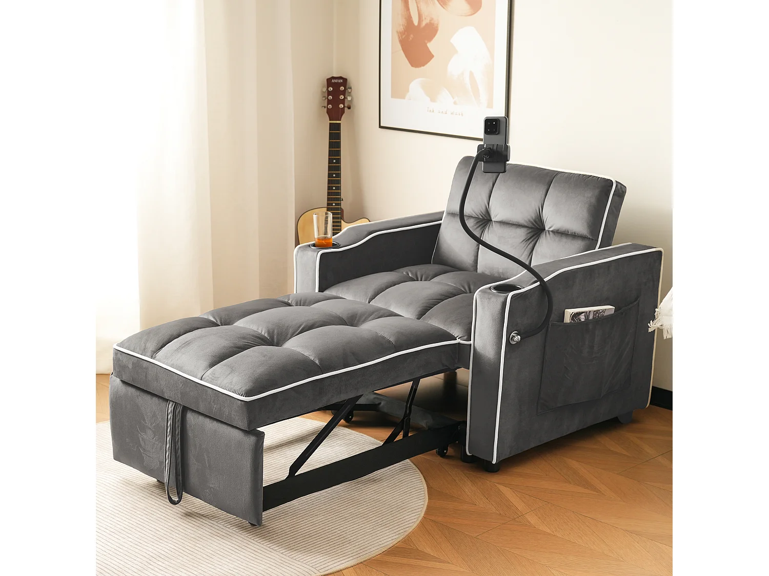 1-zitsbank - Fauteuil met bekerhouder en telefoonhouder - donkergrijs fluweel