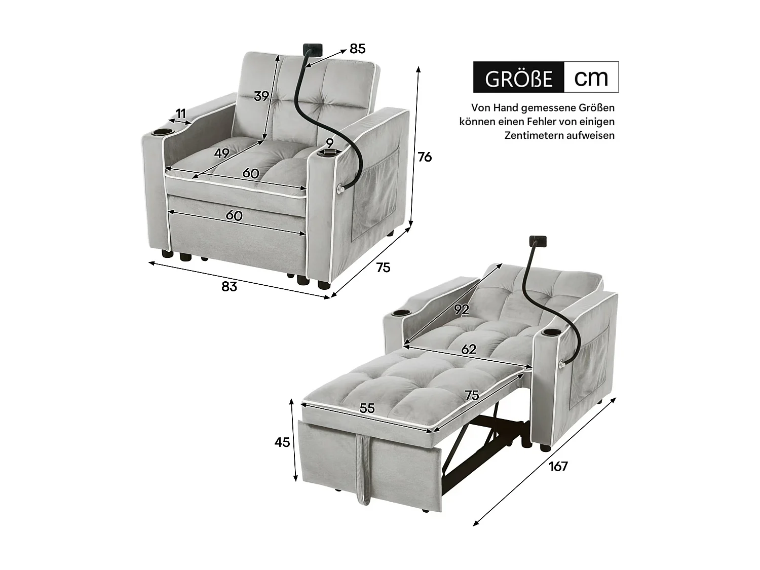 1-zitsbank - Fauteuil met bekerhouder en telefoonhouder - grijs en wit fluweel