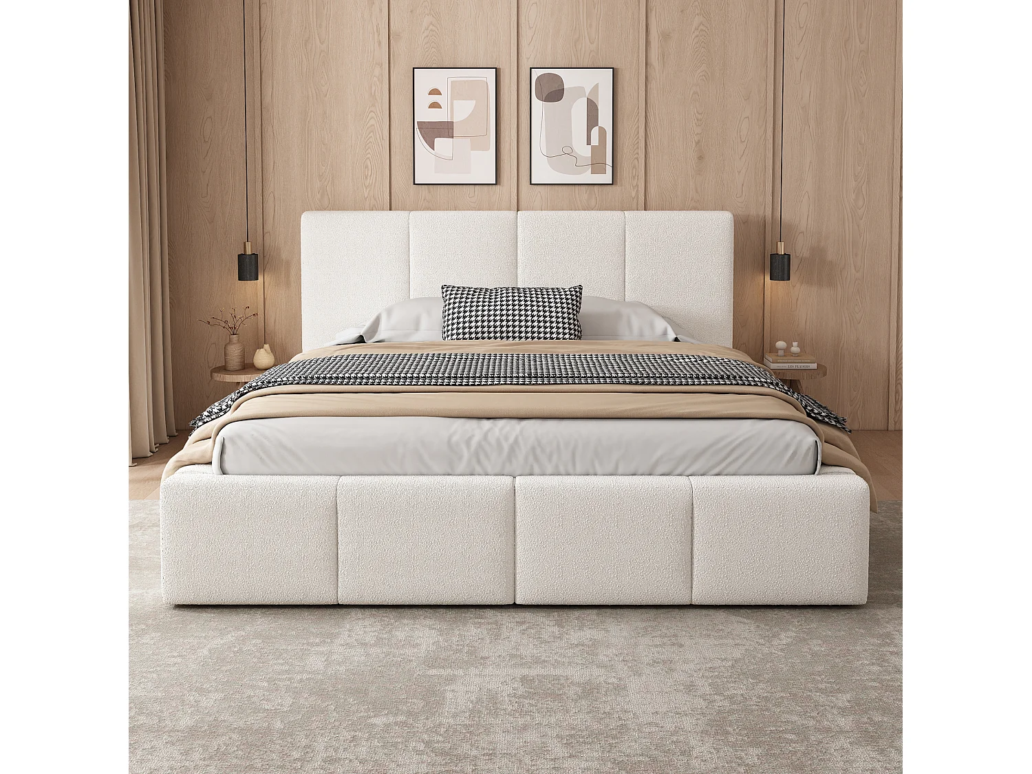Cama para adulto de 180 x 200 cm - con cabecero, elevación hidráulica, somier - beige - colchón no incluido