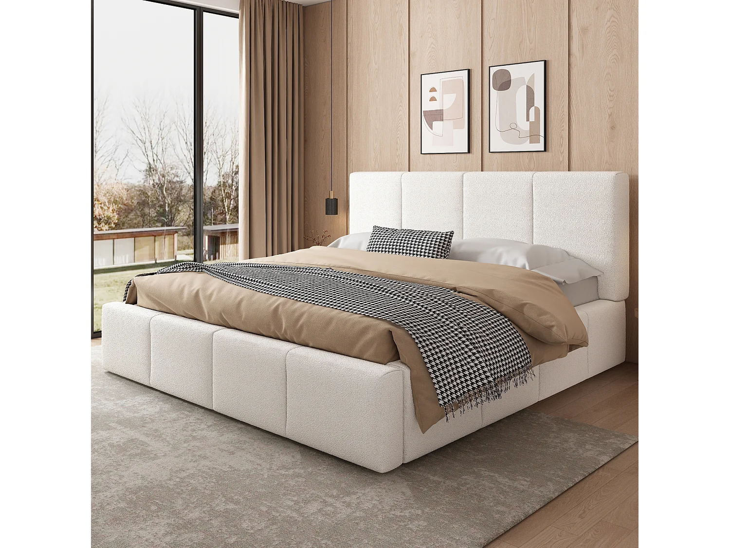 Cama para adulto de 180 x 200 cm - con cabecero, elevación hidráulica, somier - beige - colchón no incluido