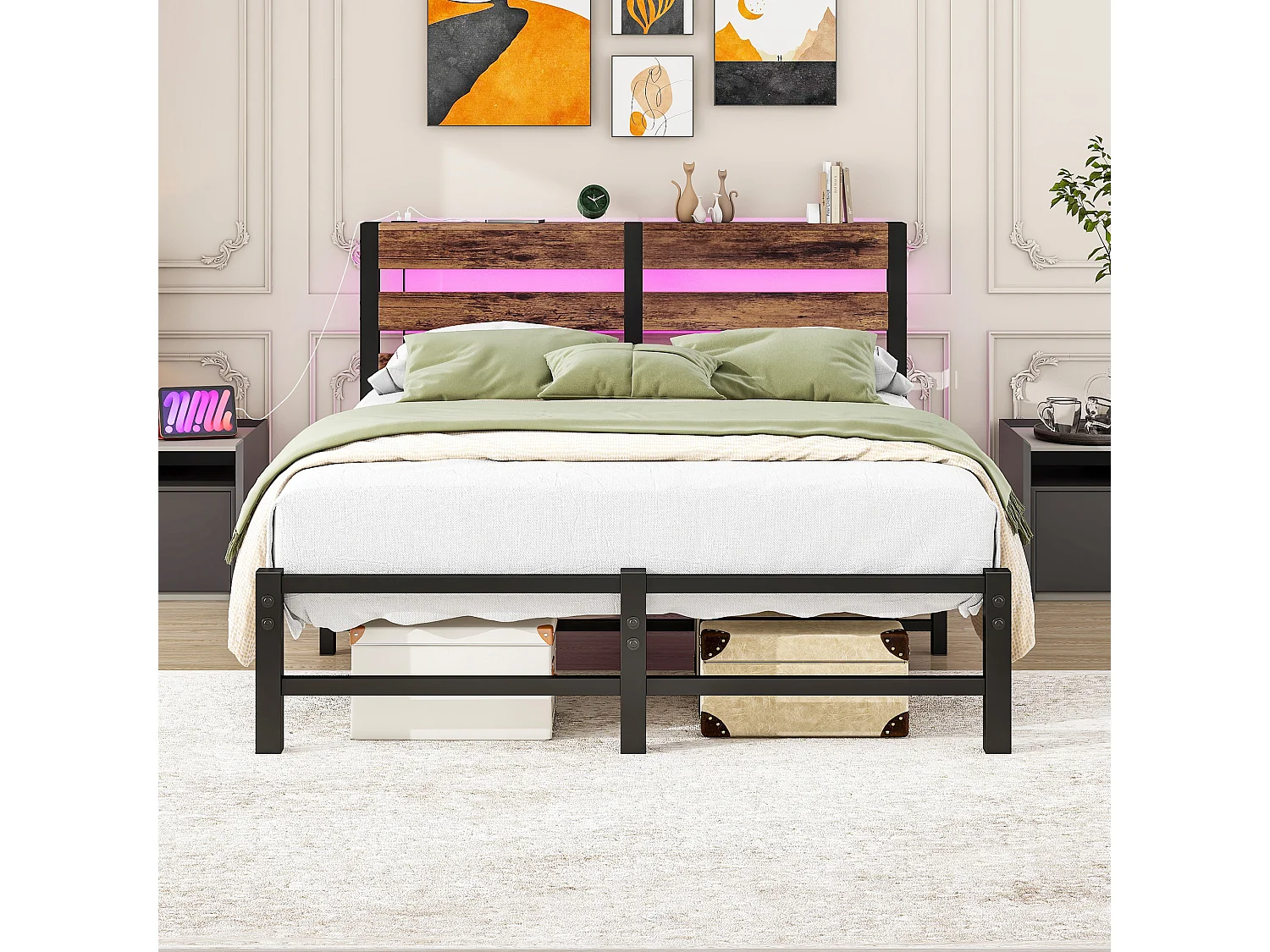 Kinderbett 120 x 200 cm – mit LED-Beleuchtung und Lattenrost – Metall und Holz – Schwarz/Braun – Matratze nicht enthalten