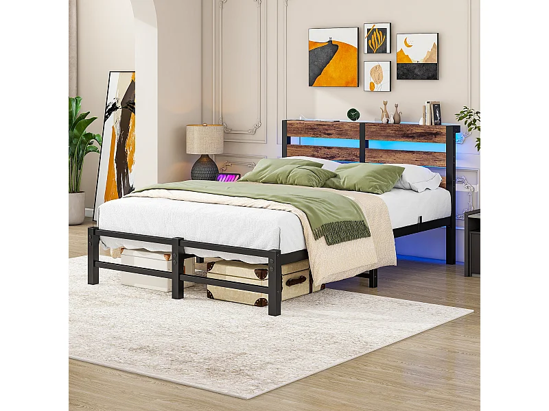 Lit enfant 120x200 cm - avec éclairage LED et sommier à lattes - en métal et bois - noir et marron - sans matelas