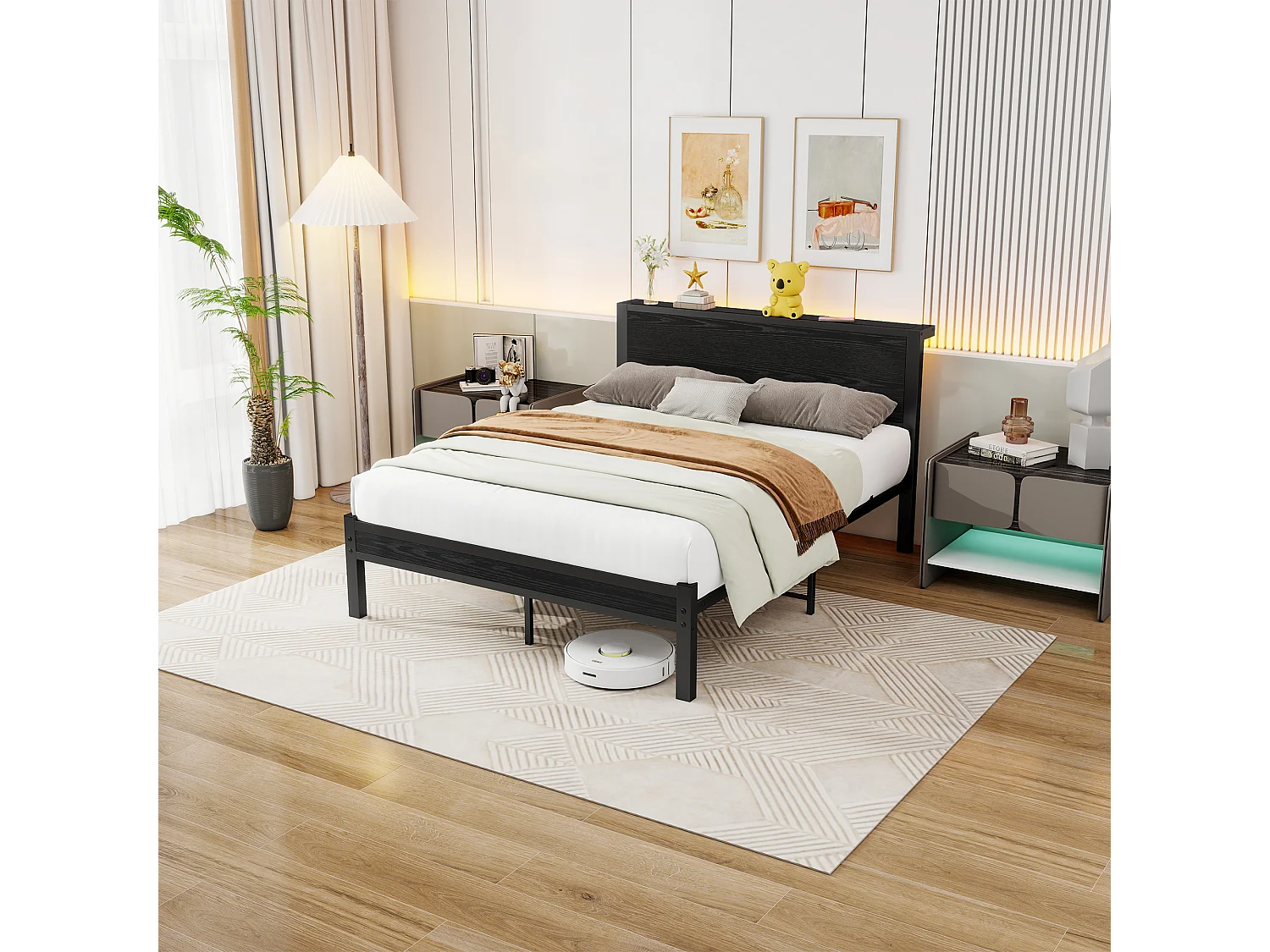 Lit adulte 140x200 cm - avec tête de lit avec rangement - noir - sans matelas