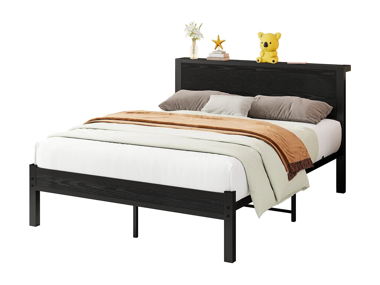 Lit adulte 140x200 cm - avec tête de lit avec rangement - noir - sans matelas