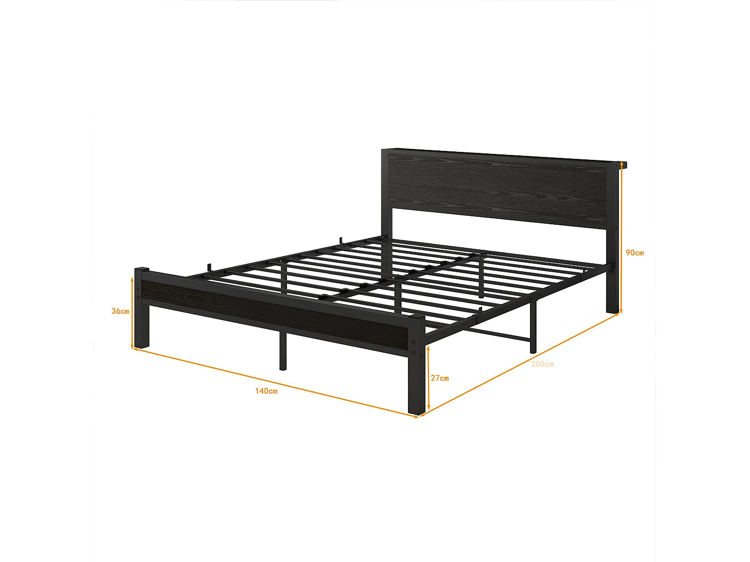 Lit adulte 140x200 cm - avec tête de lit avec rangement - noir - sans matelas