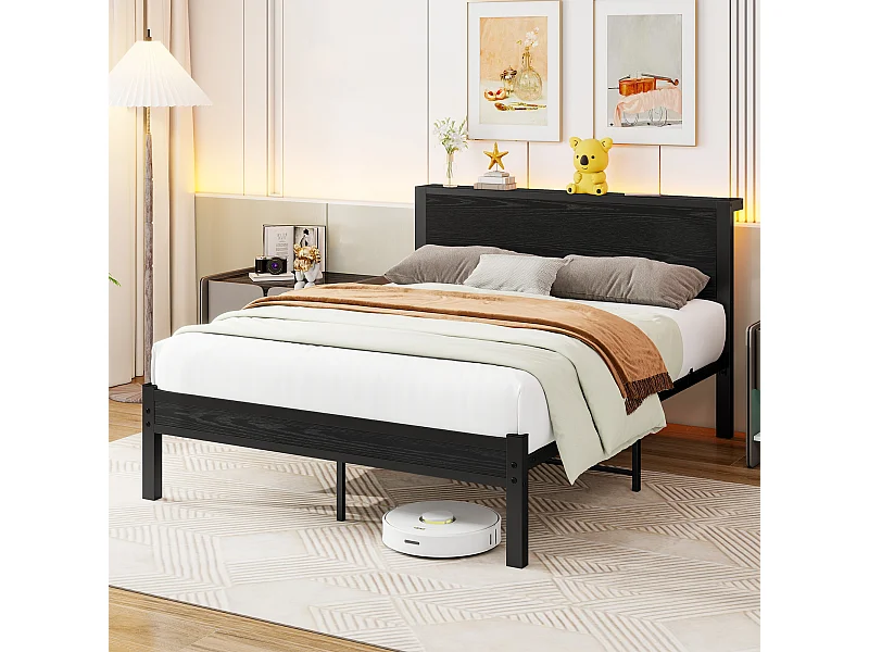 Lit adulte 140x200 cm - avec tête de lit avec rangement - noir - sans matelas